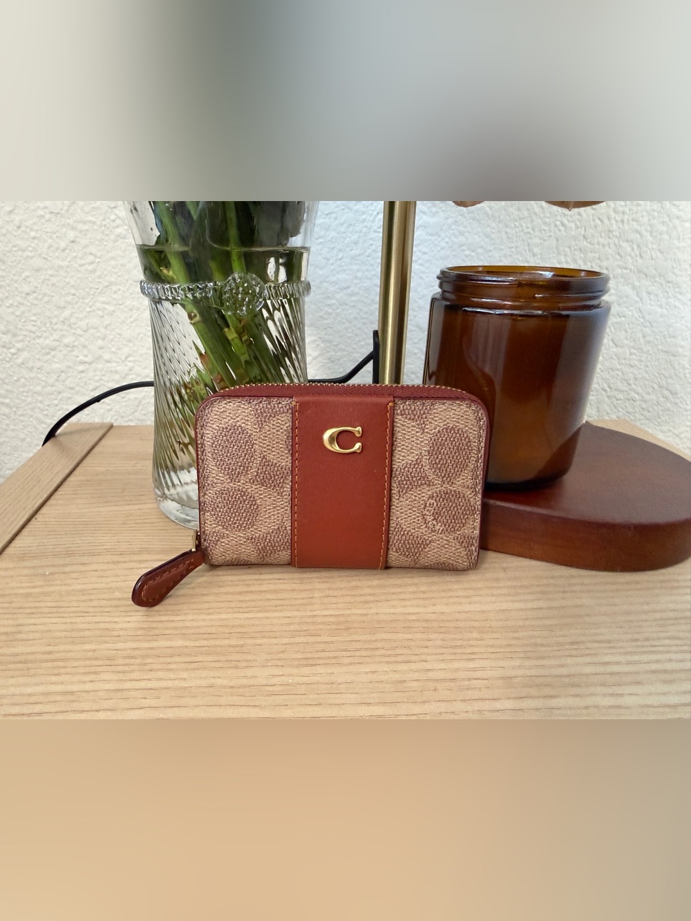 Coach Small Zip Wallet in Brown and Tan with Gold C Accent